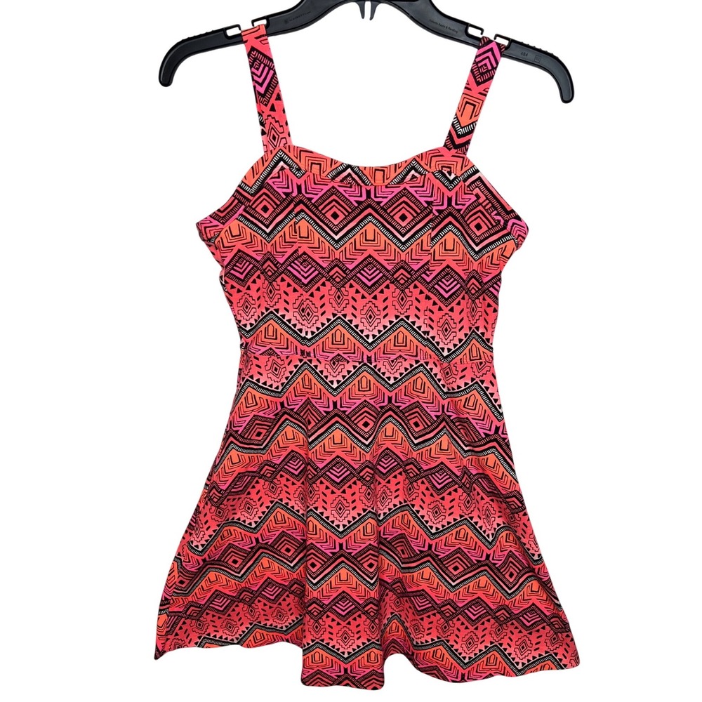 Justice Girls Pink Orange Tribal Geometric Skater Dress Size 14/16 Sleeveless